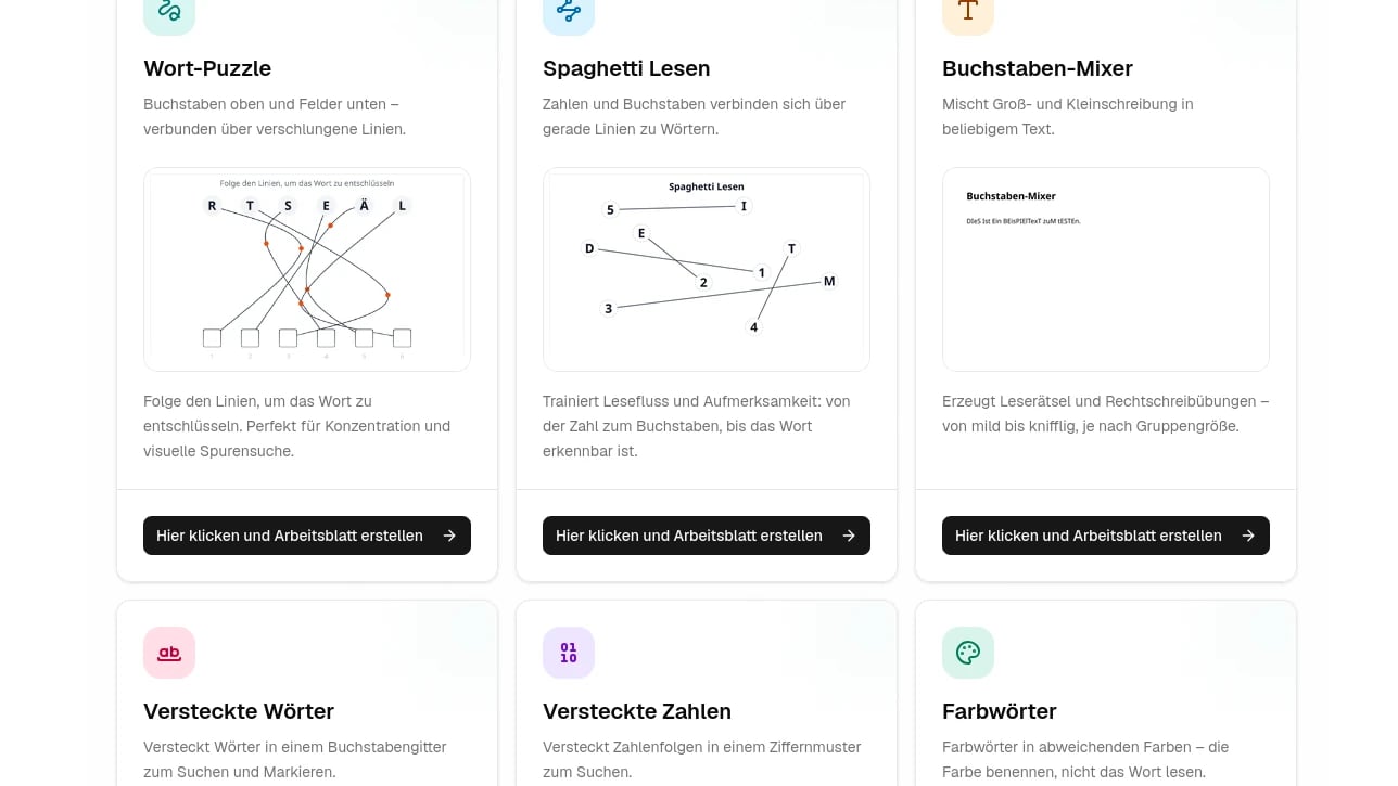 Demti: Einfach Rätsel und Leseübungen erstellen und als PDF herunterladen.